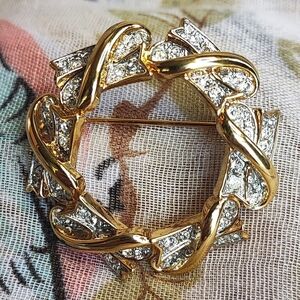 Nina Ricci Gold Tone Electroplate Signed Unisex Vintage Clear Rhinestone Brooch